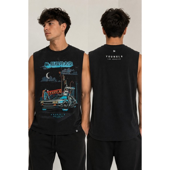 YoungLA Tops - YoungLA Sleeveless Graphic Tank Top Small Oversized DeLorean Astronaut Black